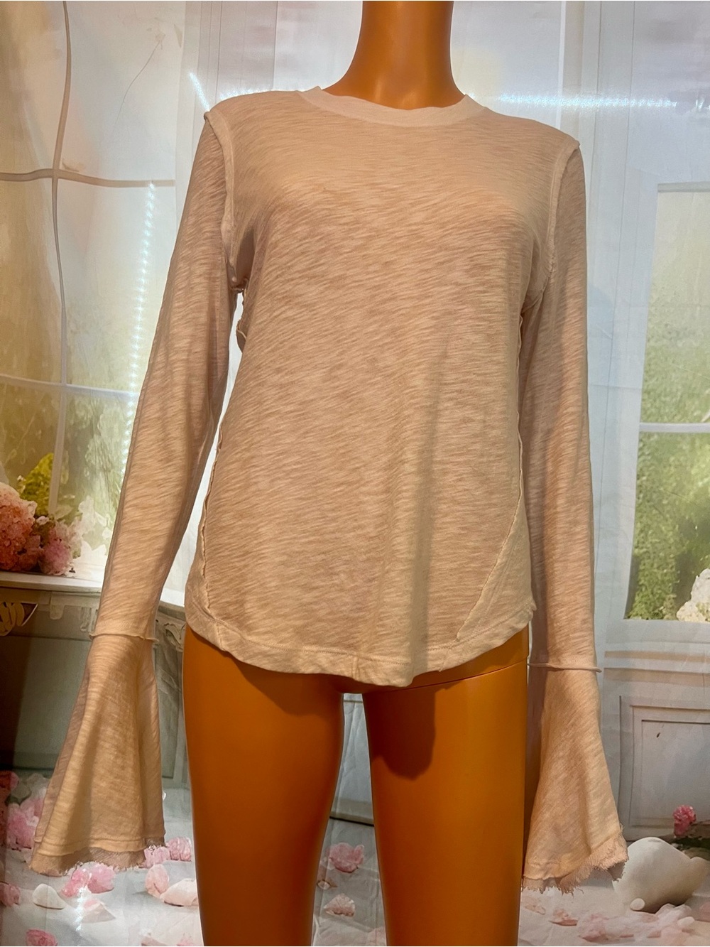 Free People White Long-Sleeve Crewneck Top with Flared Cuffs - Picture 2 of 9